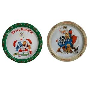 Vintage 1991 Giordano 13" Merry Kissletoe Santa Animals Metal Tray Lot of 2